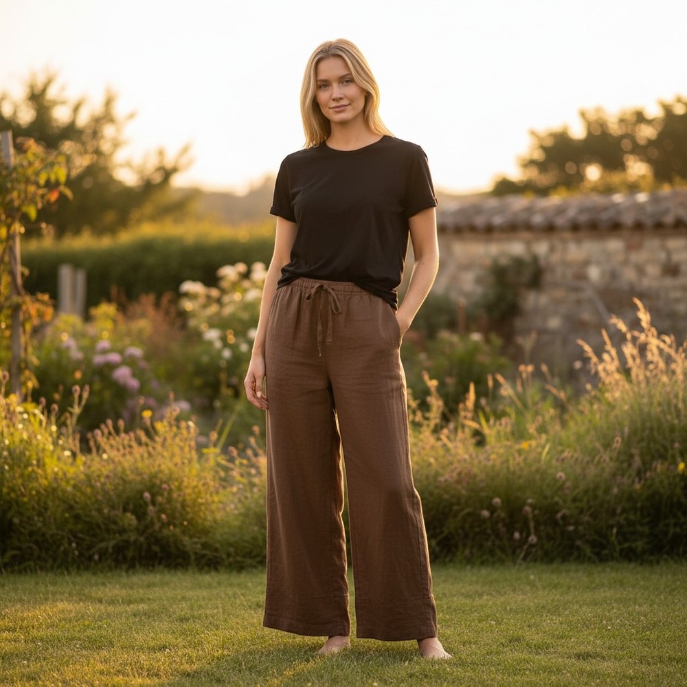 Magaschoni Women Brown Linen Blend Wide Leg Drawstring Pants GM508445 Size S